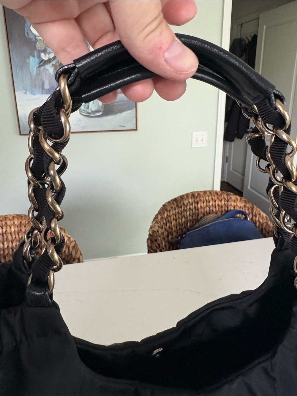 Salvatore Ferragamo Black Nylon Shoulder Bag with Chain-Detail Handles - Picture 2 of 13
